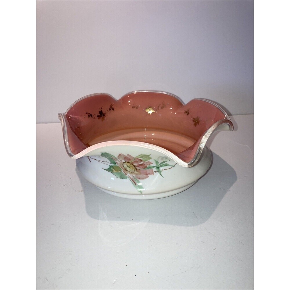 Antique Victorian Cased Art Glass Bride Bowl Pink White Hand Painted 9.25"